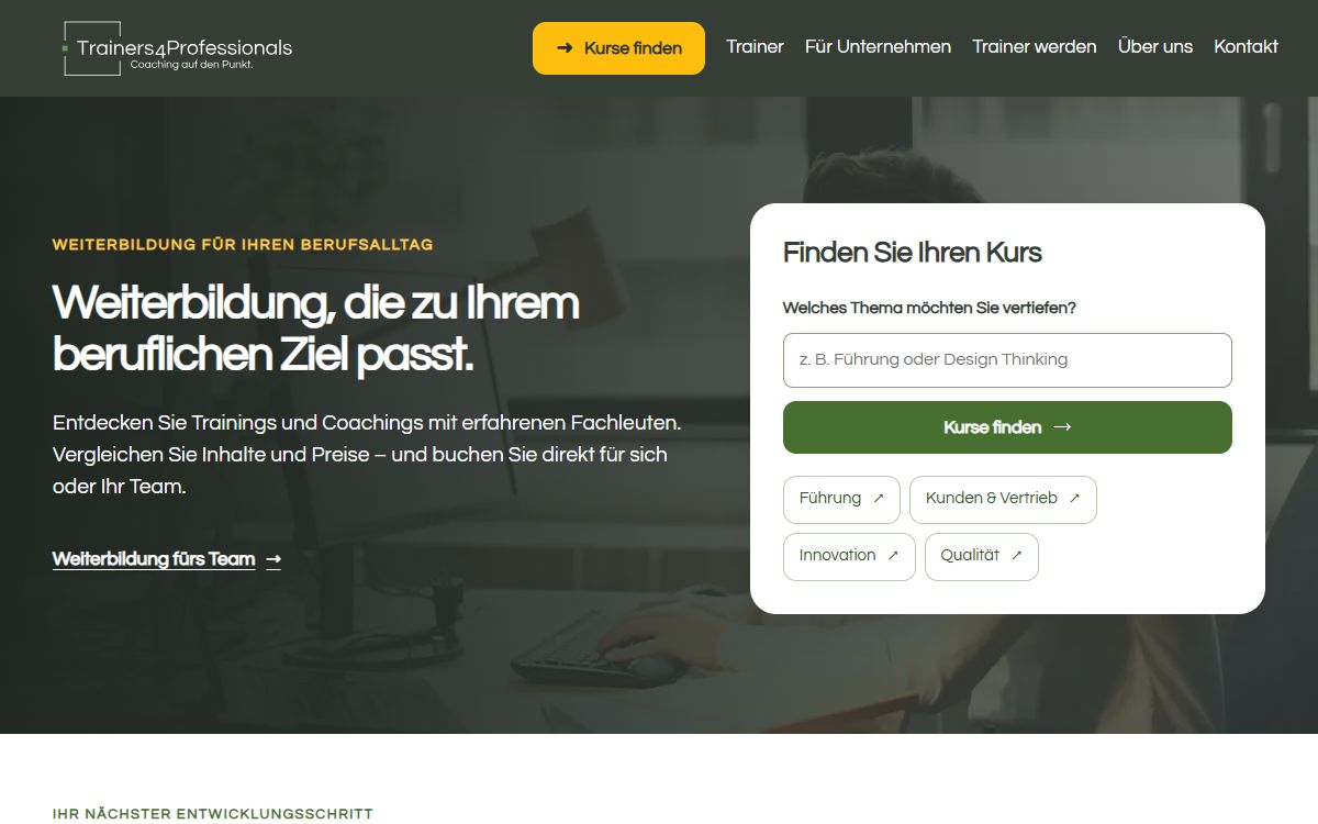Einblick in die Startseite von Trainers4Professionals