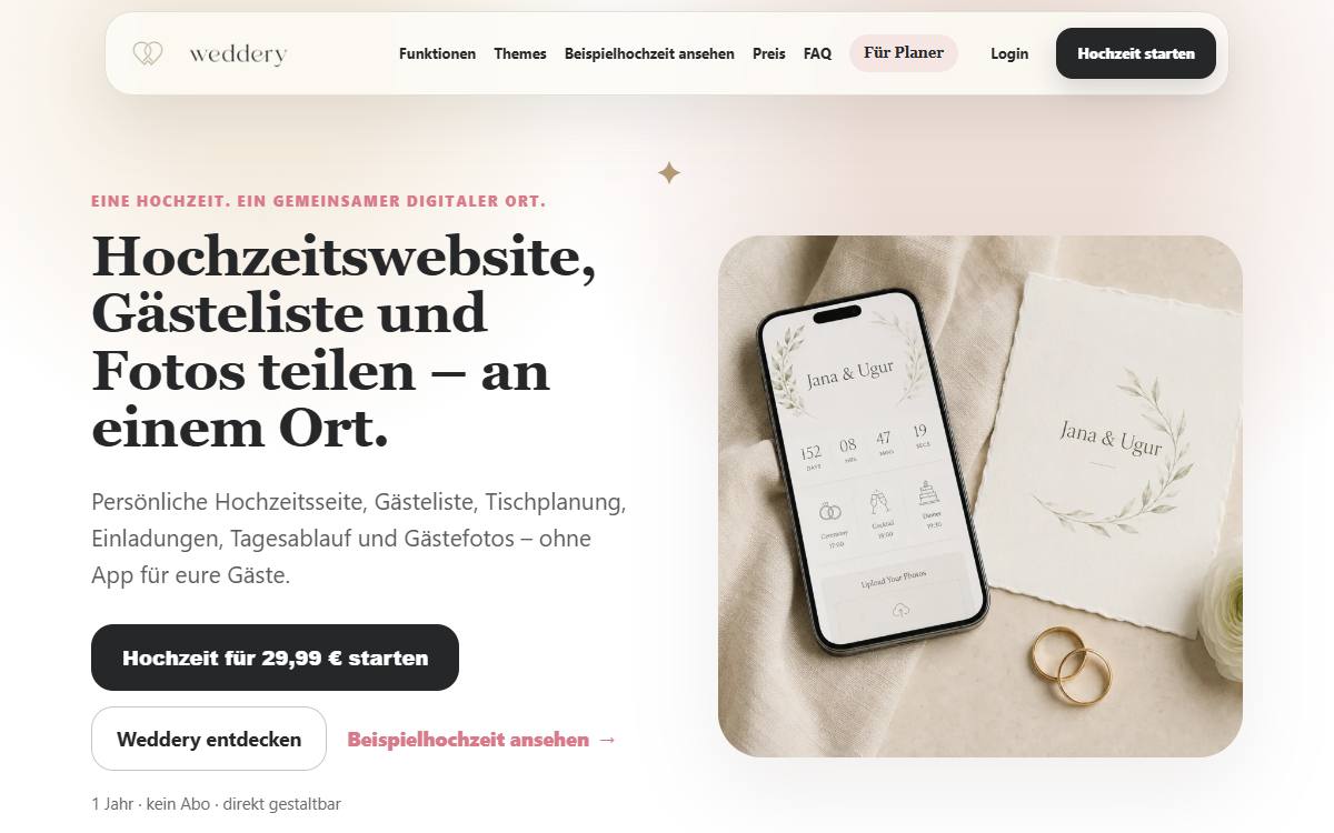 Einblick in die Startseite von Weddery