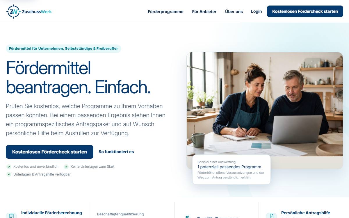 Startseite von ZuschussWerk, einem eigenen digitalen Projekt von Sebastian Wlodarczyk