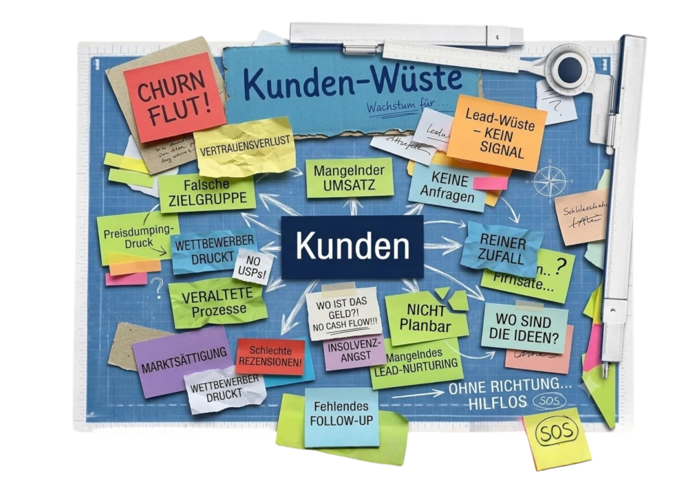 Ein chaotisch überfülltes blaues Blueprint-Board mit dem Titel „Kunden-Wüste“. Im Zentrum steht eine dunkelblaue Karte mit der Aufschrift „Kunden“, von der zahlreiche Pfeile auf bunte, wild durcheinander und übereinander geklebte Post-its und Notizzettel zeigen. Auf den Zetteln stehen Begriffe wie „Falsche Zielgruppe“, „Mangelnder Umsatz“, „Keine Anfragen“, „Reiner Zufall“ und „Insolvenzangst“.